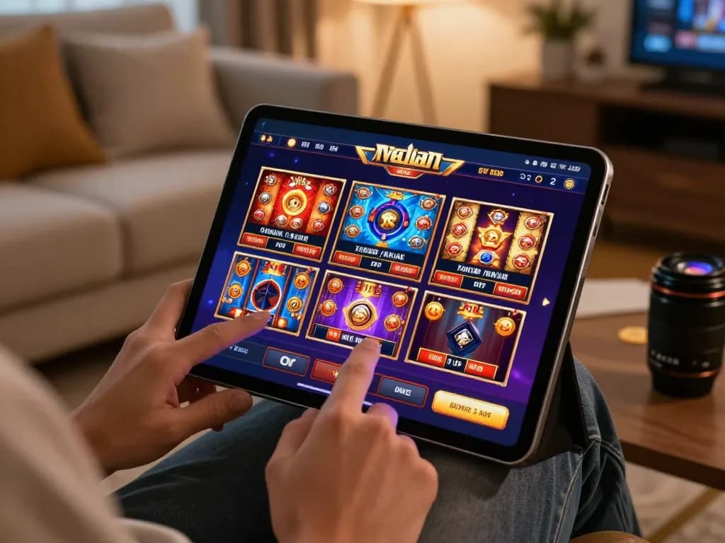 Engaging in apk slot gaming on a tablet in a cozy home environment with vibrant graphics.