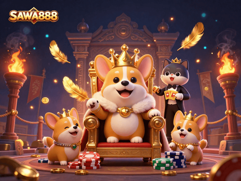 Experience thrilling moments with SAWA888's exciting games as cartoon characters showcase a vibrant casino scene.