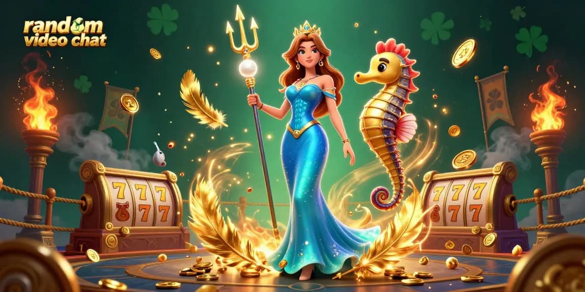Engage in random video chat by winning instant matches with vibrant visuals and gold accents.