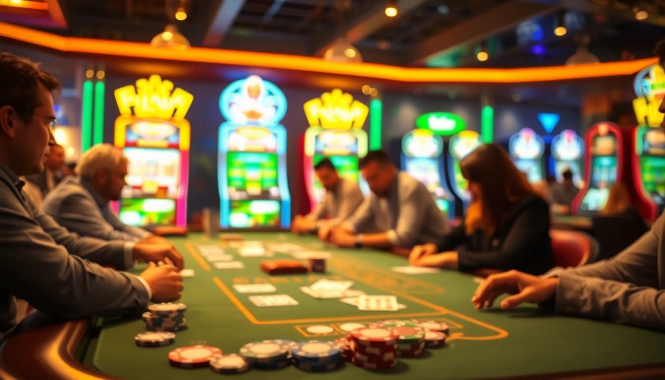 Permainan taruhan situs toto yang menarik dengan elemen kasino penuh warna dan pemain aktif.