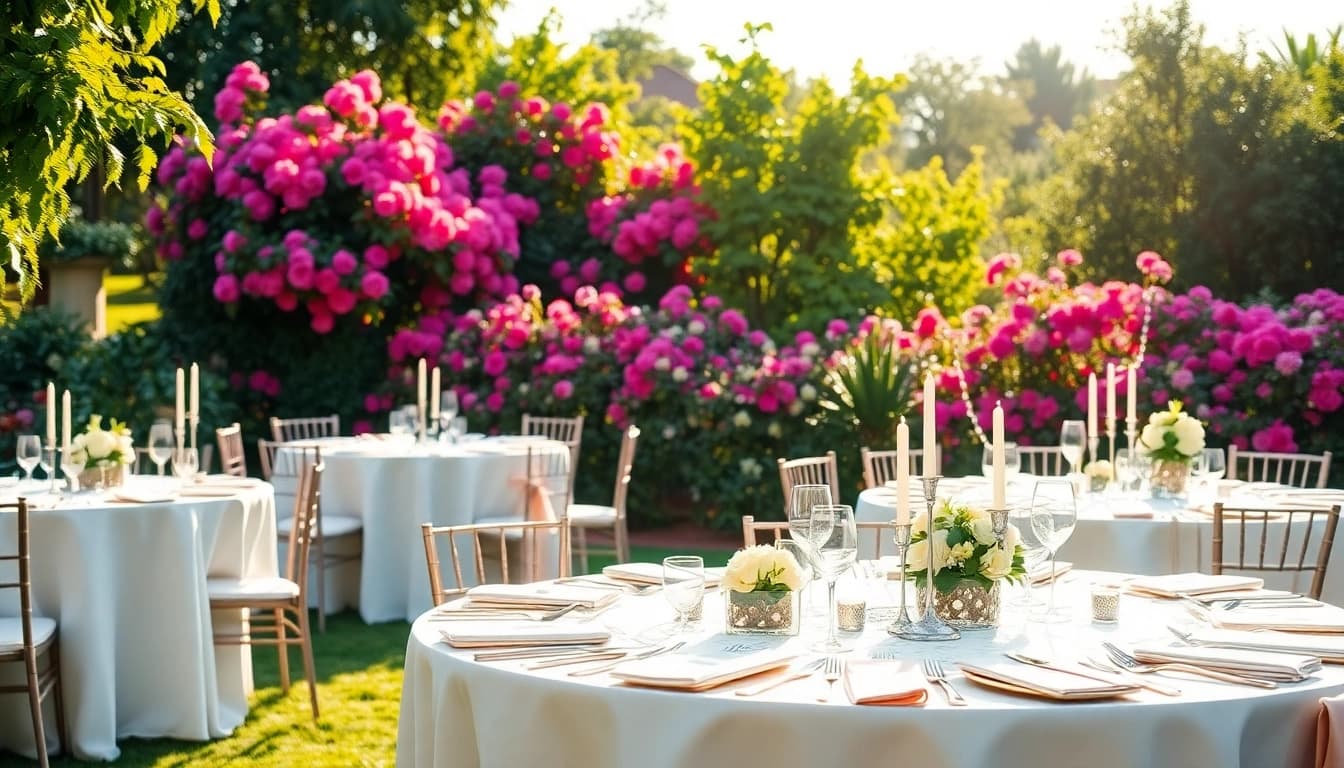 Showcase wedding & event rentals with beautifully arranged tables and lush garden backdrop.