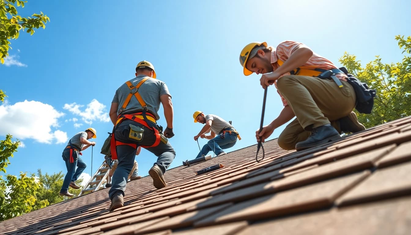 Team providing professional roofing services while installing shingles on a residential roof.