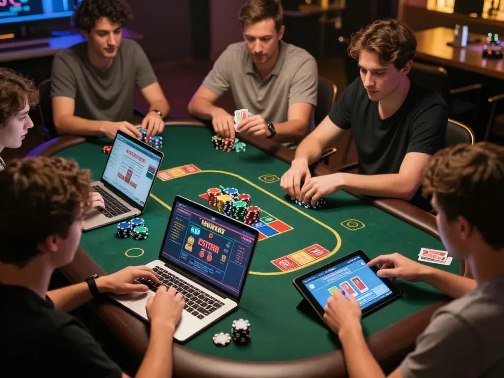Engaged friends enjoying a competitive casino esteri online session at a modern table, showcasing their strategic gameplay amidst vibrant competition.