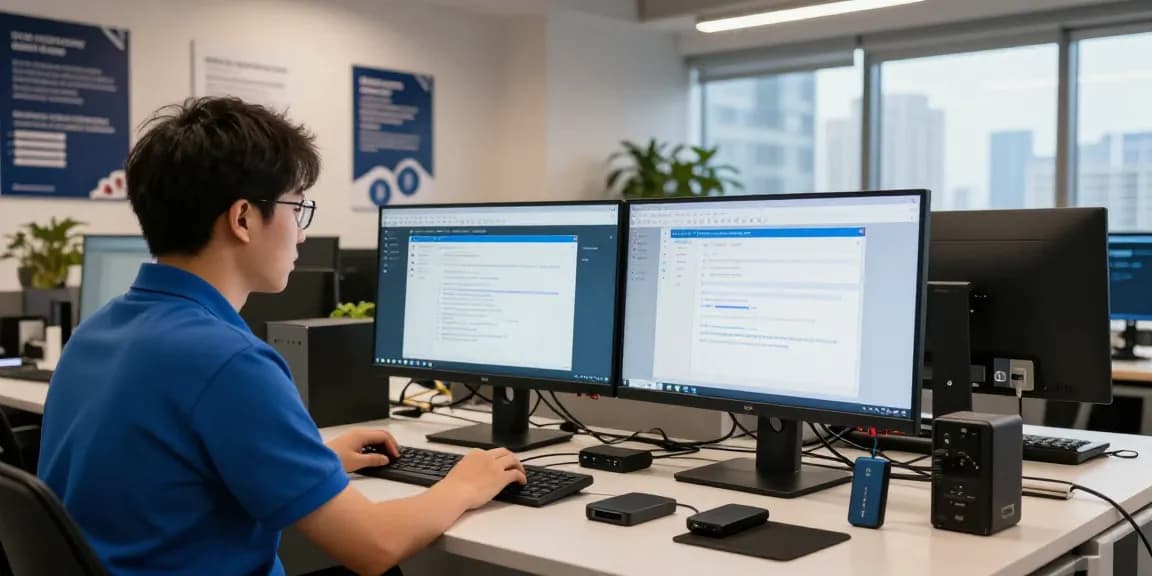 IT technician reviewing browser security settings for safe access on shs-dome5.com in modern office.