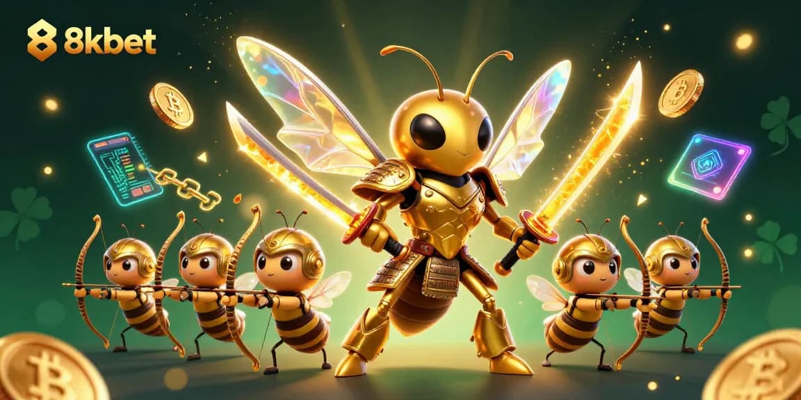 Engage with 8kbet in a vibrant casino scene featuring a golden hornet samurai and bee archers