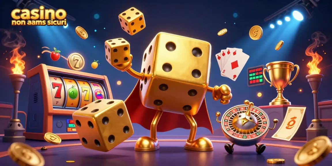 Giocando nei casino non AAMS sicuri, un golem di dadi d'oro intrattiene con giochi da tavolo e jackpot.