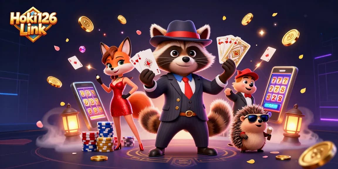Experience the excitement of Hoki126 Link with a charismatic raccoon, a fox in sequins, and festive casino elements.