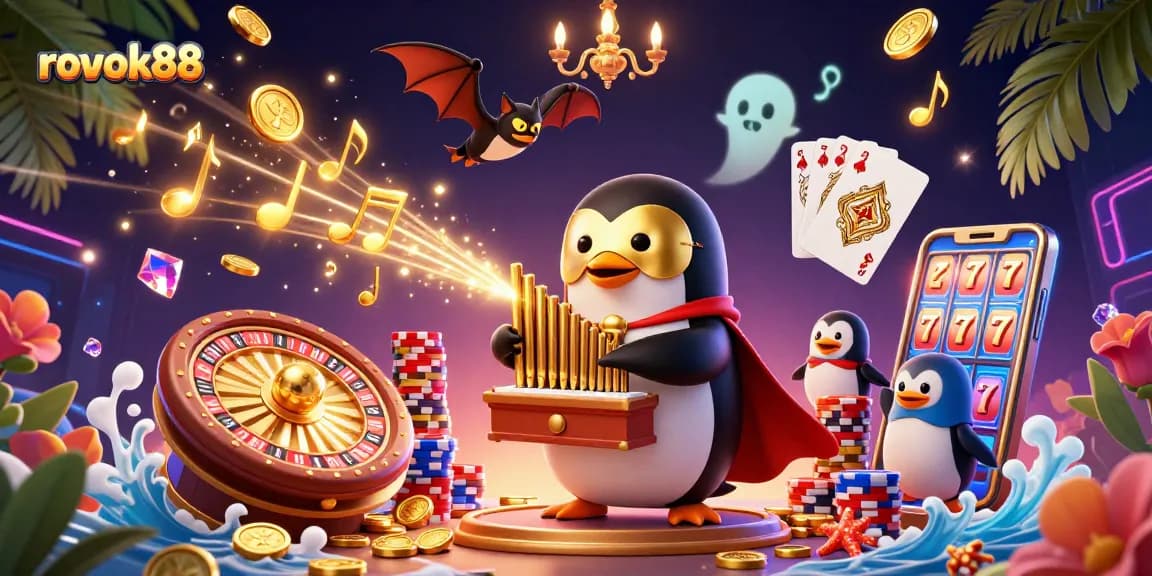 Experience the thrill of rokok88 with a vibrant casino scene full of dynamic game elements and characters.