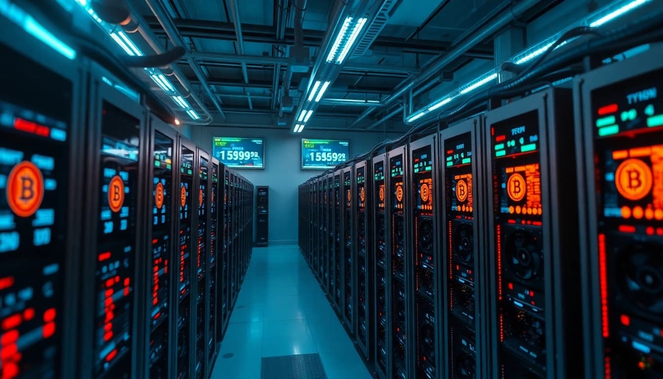 Explore the advanced setup of the best crypto mining site featuring sleek mining rigs and digital displays.