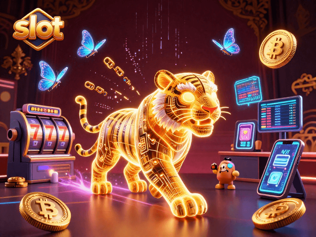 Engage with the exciting slot experience in this vibrant digital casino scene filled with neon energy.