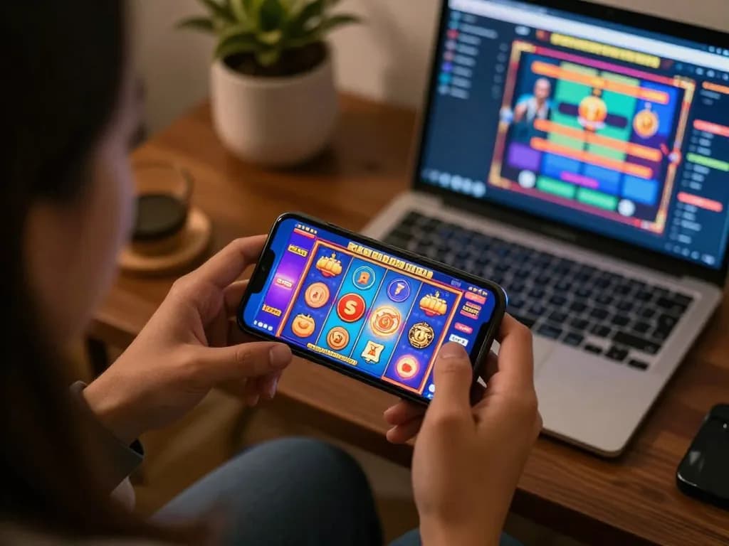 Berpartisipasi dalam sesi slot gacor di smartphone, menyoroti fitur gameplay dinamis di rumah.