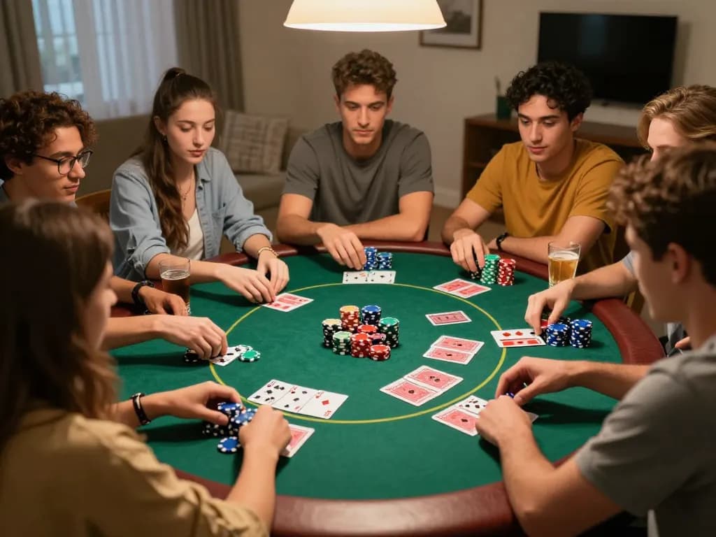 Friends playing poker at home, highlighting casino non aams legali in a lively atmosphere.