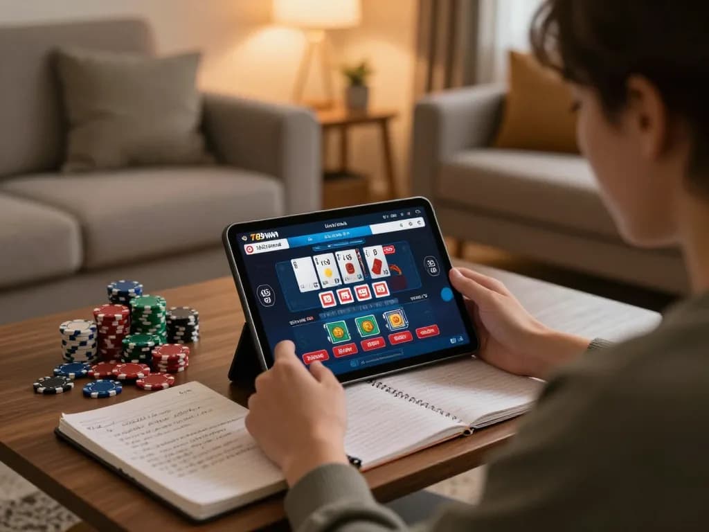 Engaging with the 789win link for online gaming, showcasing strategic planning and relaxing environment.