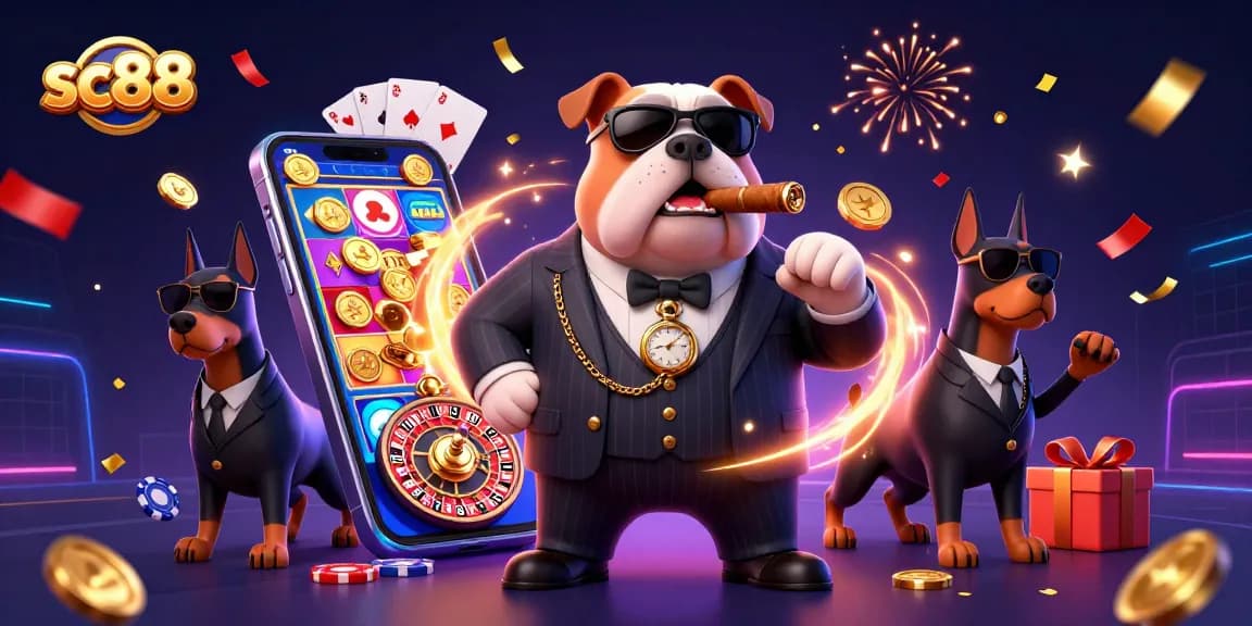 Experience thrill at sc88 with a 3D bulldog boss and casino elements surrounded by vibrant games and celebrations.