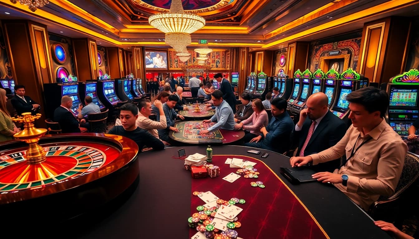 Scène de casino excitante présentant le meilleure casino en ligne avec des parieurs enthousiastes autour des tables.