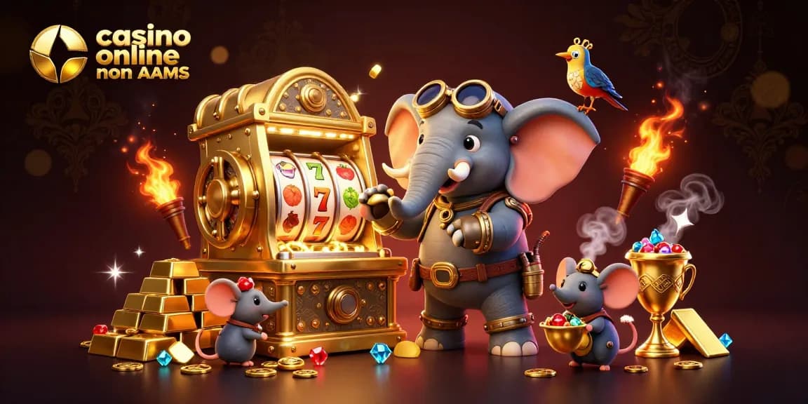 Gioca nei migliori casino online non AAMS con un elefante ingegnere e slot machine dorate.