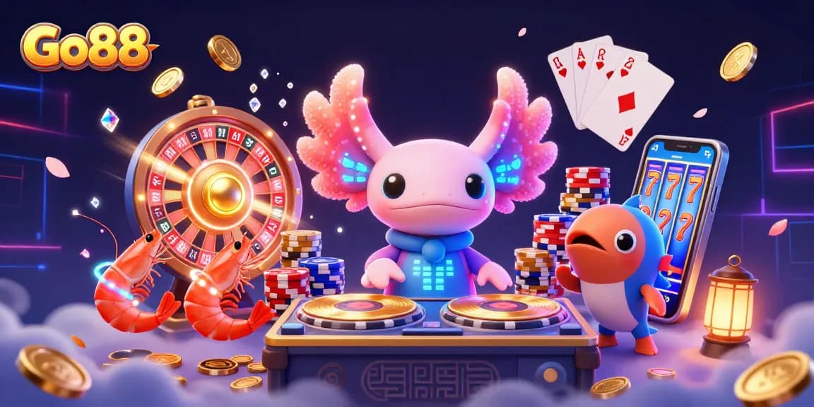 Experience Go88's vibrant undersea casino atmosphere with cartoon characters DJing amidst coins and card games.