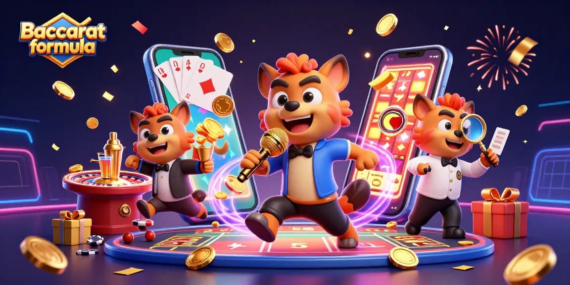 Engage with the Baccarat formula showcasing hyenas in a comical casino scene filled with vibrant gaming elements.