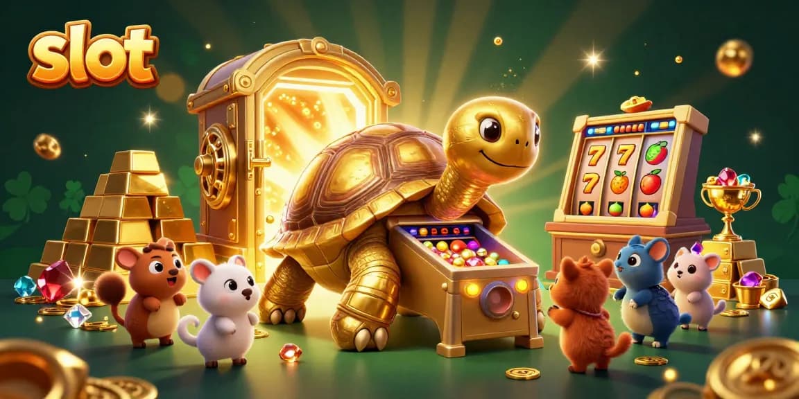 Engage with thrilling slot games featuring colorful reels and golden treasures in this vibrant casino illustration.