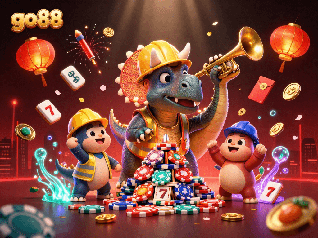 Join the festive go88 celebration featuring a triceratops and friends building a poker chip pyramid.
