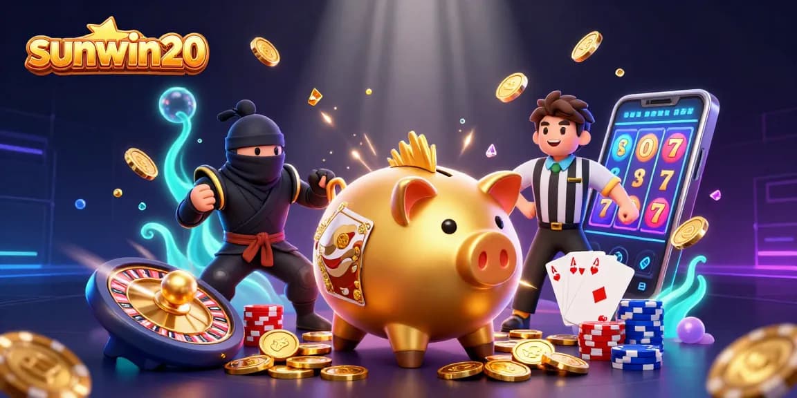 Experience thrilling wins with sunwin20 showcasing golden coins and lively casino characters.