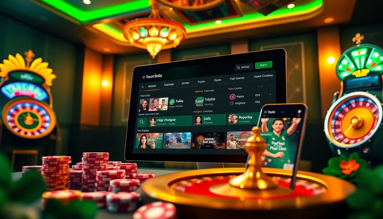Experience Taruhan bola excitement with a vibrant online betting interface and casino elements.