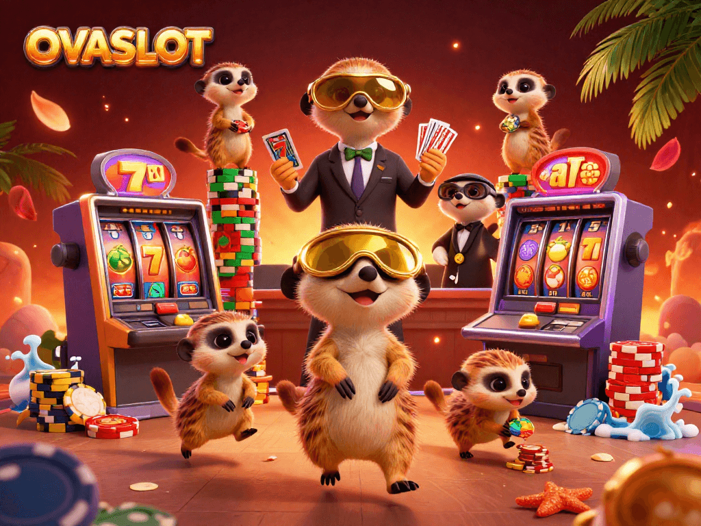 Engage with thrilling OVASLOT action as meerkats manipulate slot machines in an extravagant casino scene.
