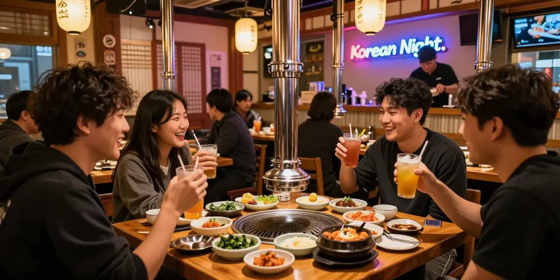 Vibrant nightlife at 상봉동 한국관나이트 featuring friends enjoying Korean barbecue dishes in a cozy restaurant setting.