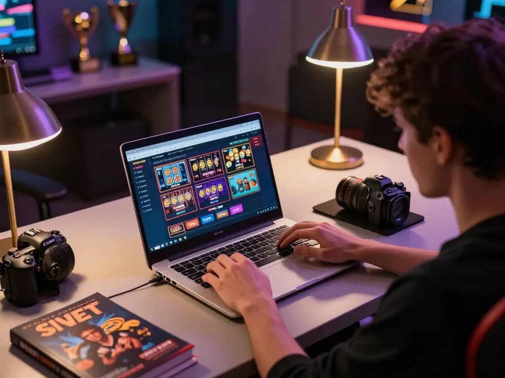 Engaging in sh bet online casino gaming, an individual focuses on colorful game interface filled with strategic options.