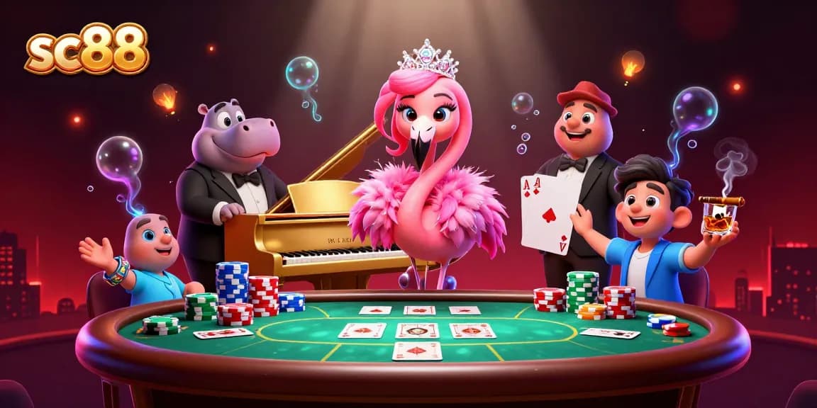 Join the thrilling world of sc88 with vibrant casino characters around a dazzling poker table.
