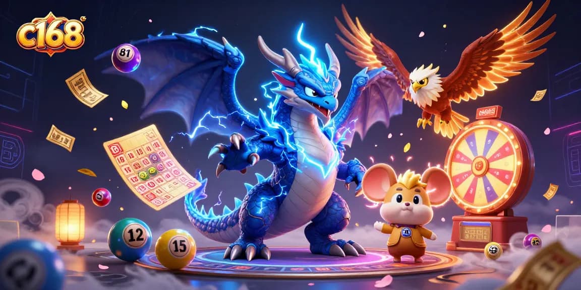 Engage with exciting games at c168 featuring a thunder dragon, glowing hawk, and vibrant lottery elements.