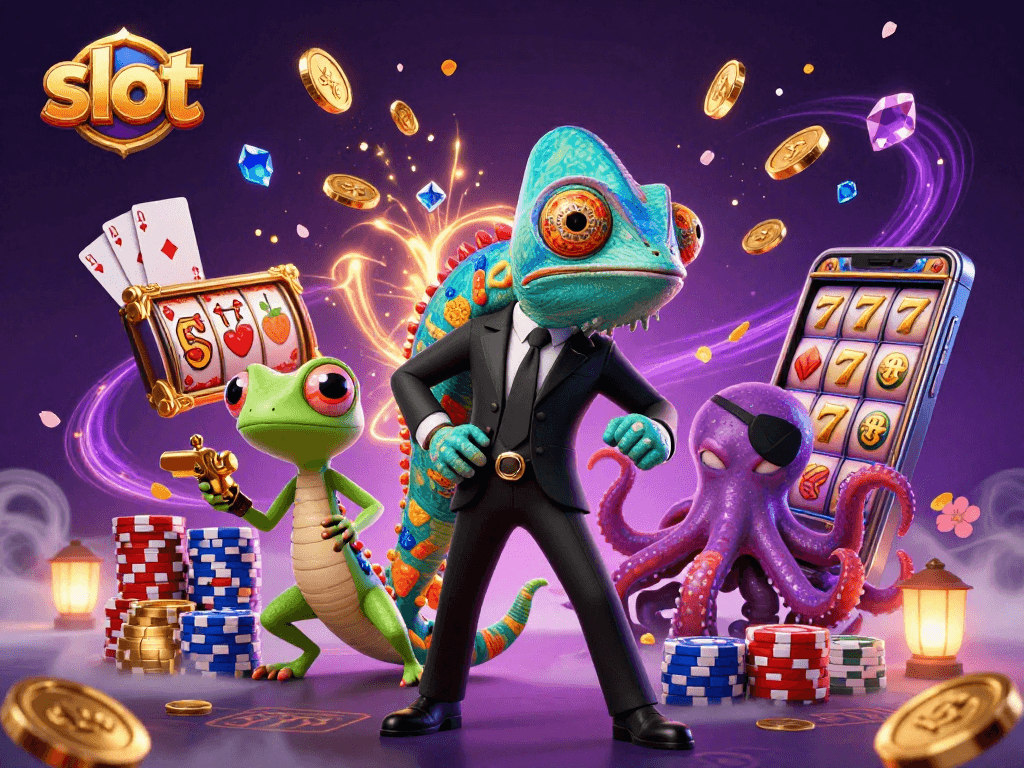 Play exciting slot games with colorful characters and dynamic symbols in this vibrant casino scene.