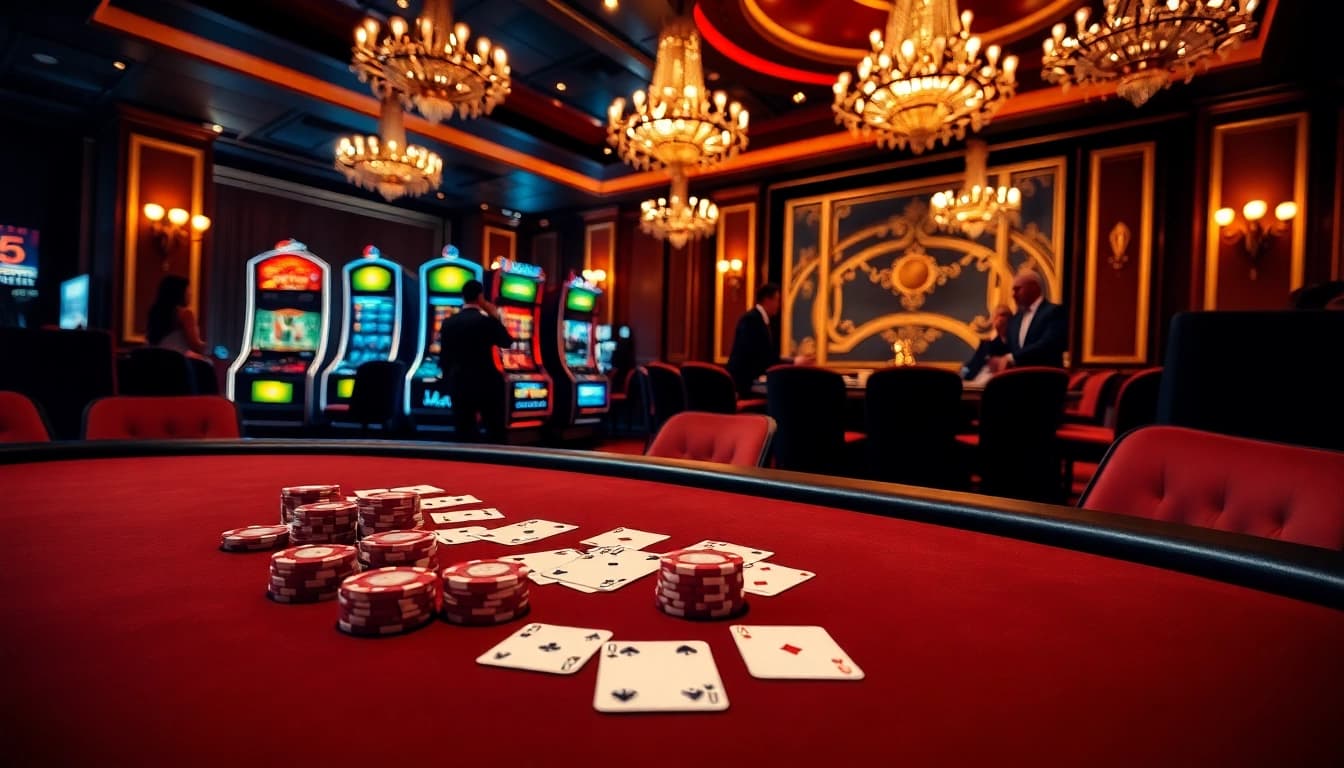 Participez à du poker à enjeux élevés au meilleure casino en ligne, mettant en valeur des jetons de jeu et des cartes luxueuses.