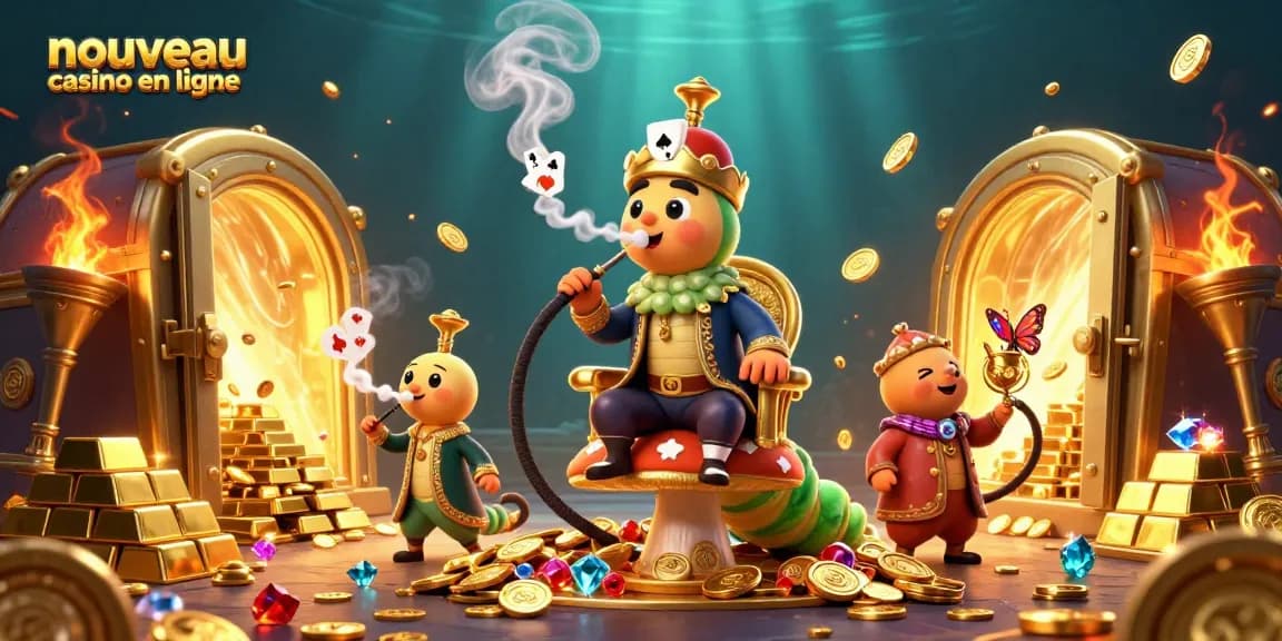 Participez à l'expérience du nouveau casino en ligne avec une illustration dynamique d'un maître du narguilé et des trésors scintillants.