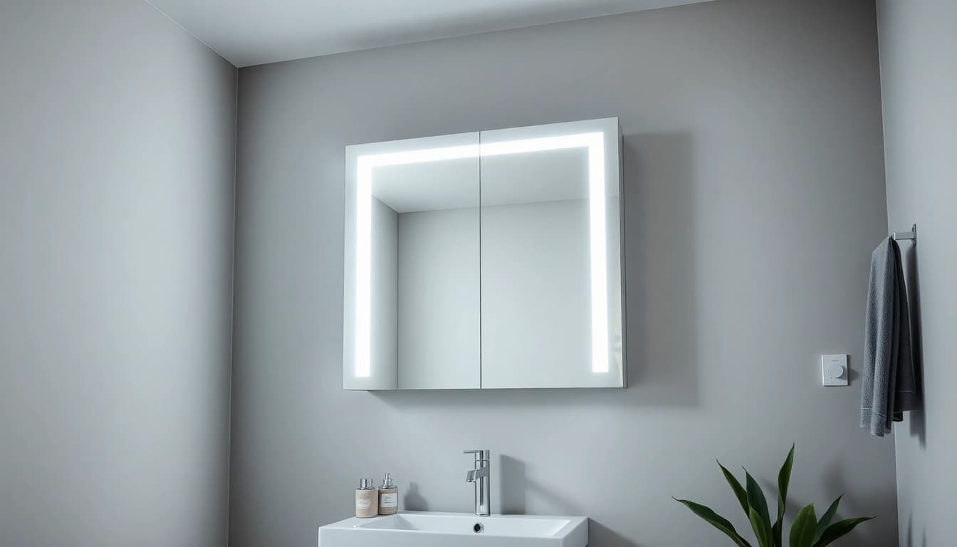 Sonni Spiegelschrank mit modernem Design und LED-Beleuchtung im Badezimmer präsentieren.
