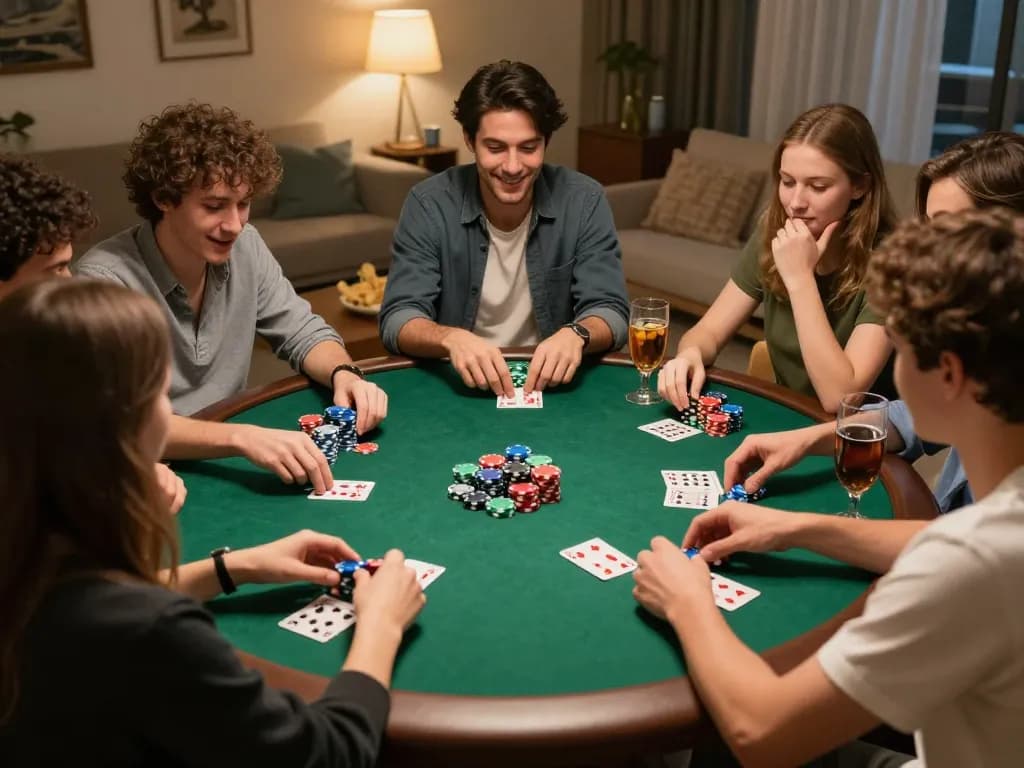 Friends playing poker in a cozy atmosphere, showcasing strategy and fun at 123b-bm house game