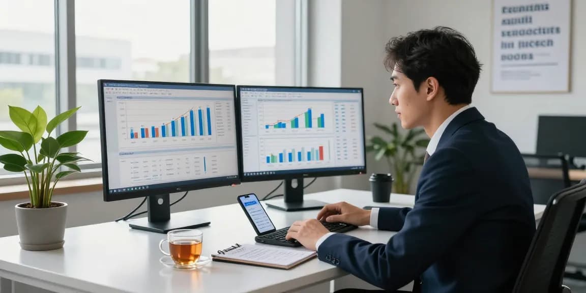 Financial consultant analyzing trends in 소액결제현금화 at a modern desk with dual screens and a motivational atmosphere.