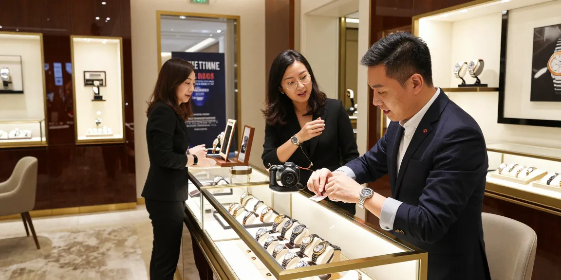 Engaging shopping experience with 시계 레플리카 displayed in a luxurious retail setting.