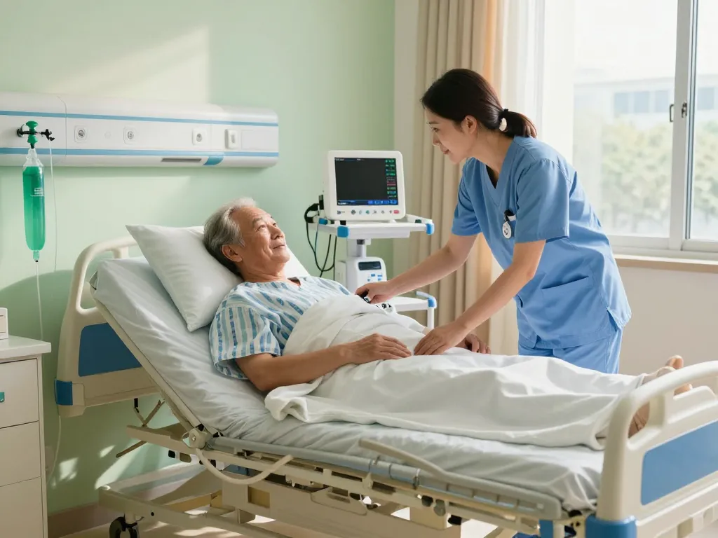 Adjustable giường bệnh nhân in a hospital room with caregiver assisting an elderly patient, showcasing compassionate care.
