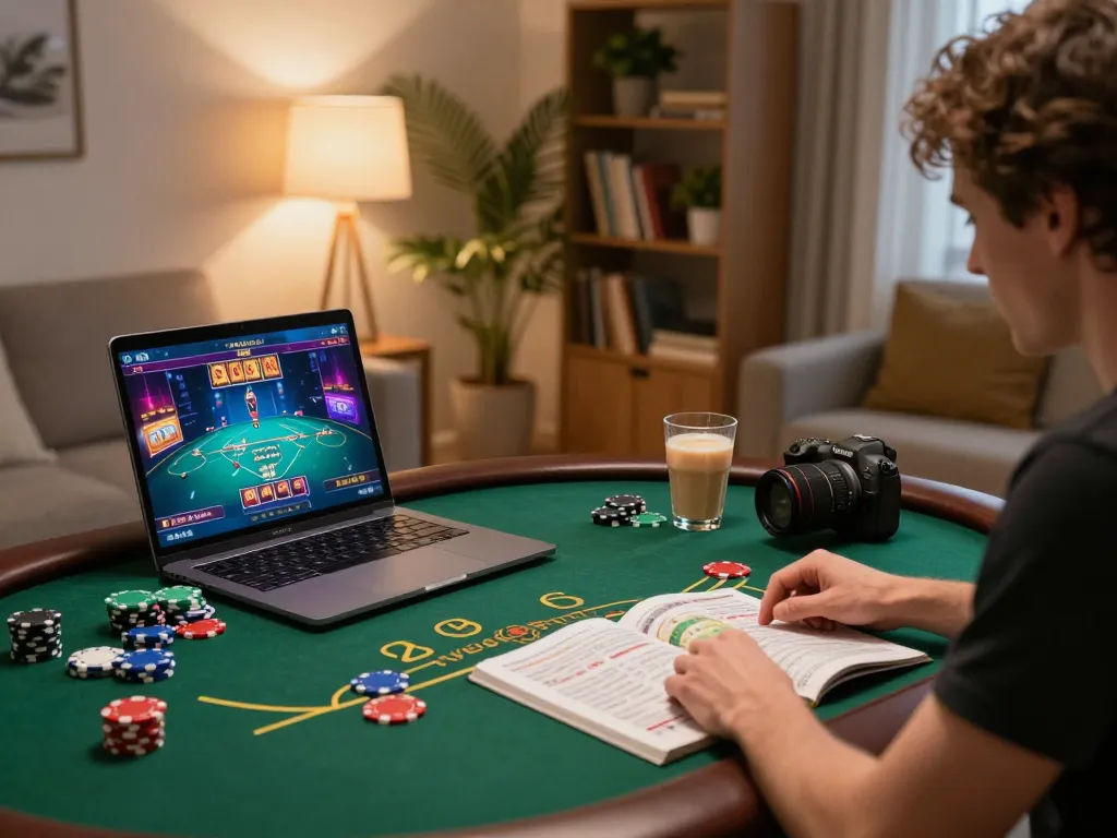 Engaging in online casino non aams gameplay at home with chips and strategy notes.
