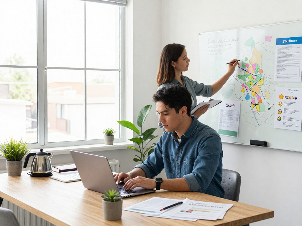 Home service marketing agency operators strategizing local market dominance in a professional office setting.