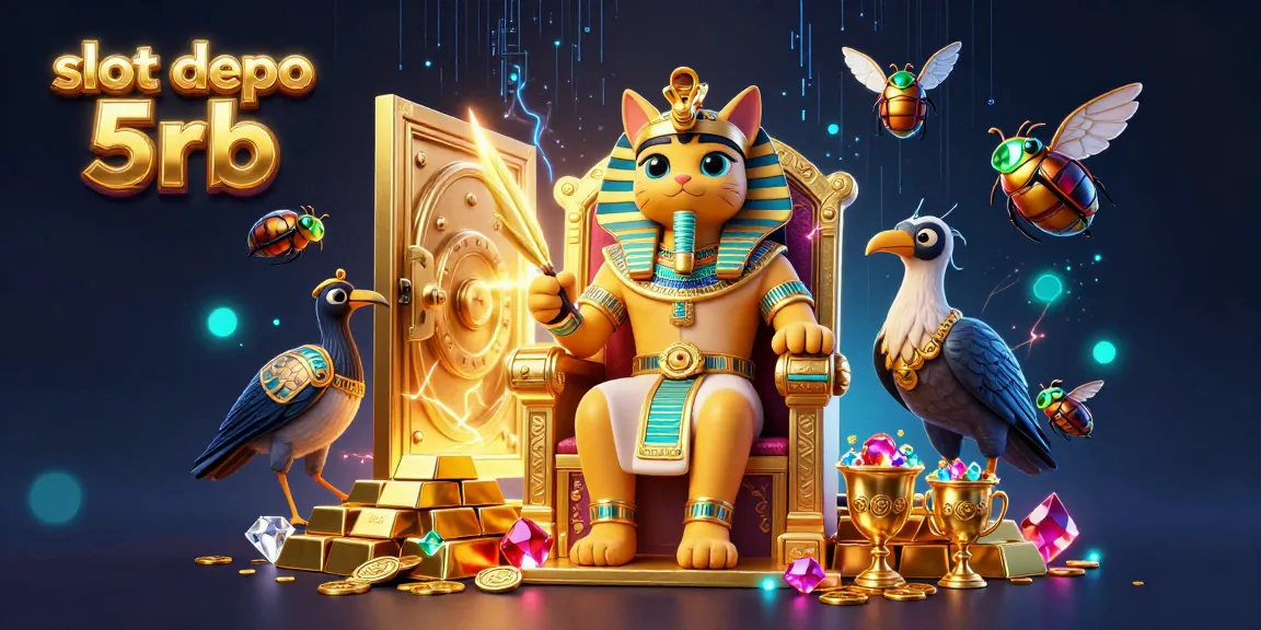 Spin to win with slot depo 5rb in a vibrant 3D casino scene packed with treasures and energetic effects.
