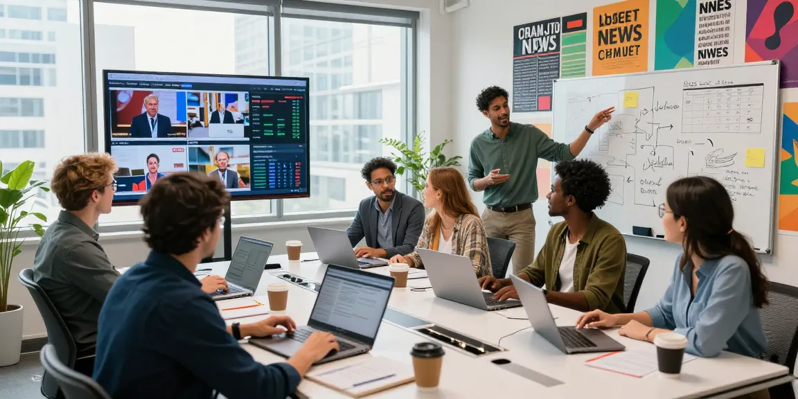 Dynamic news team at https://www.theindaily.com workspace brainstorming with live news updates and collaborative energy