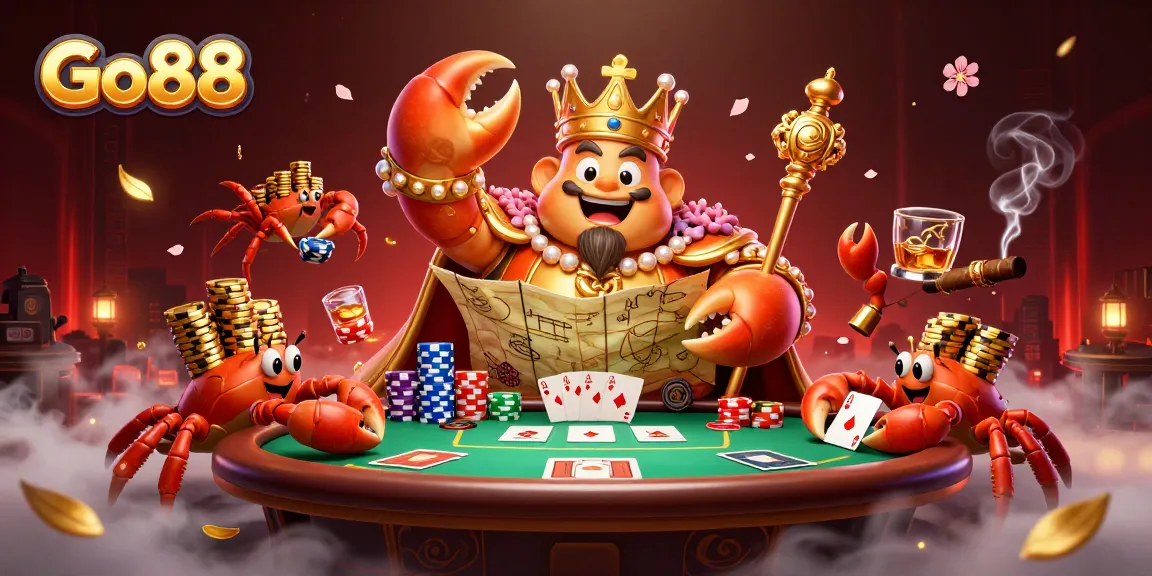 Engage in thrilling gameplay at Go88 with a vibrant scene featuring a golden crab emperor amidst dynamic poker action.
