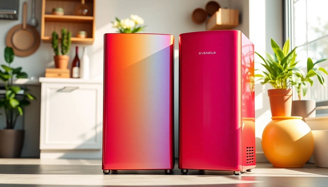 Showcase of an affordable mini fridge and freezer in a vibrant kitchen for stylish home storage solutions.