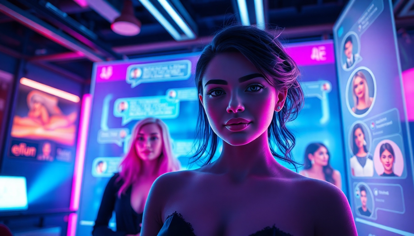 Engaging visual of sex chat AI interface with vibrant characters and digital chat bubbles, showcasing adult interactions.