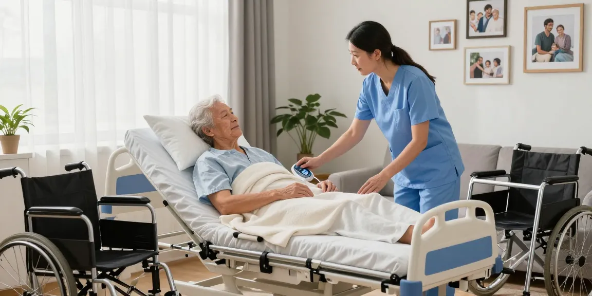 Electric nursing bed setup showing caregiver adjusting controls for comfort in a cozy home environment.