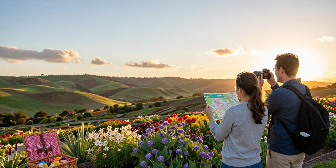 Tourists at https://www.thecapayvalleygardentour.com enjoying vibrant flowers and a sunset picnic.