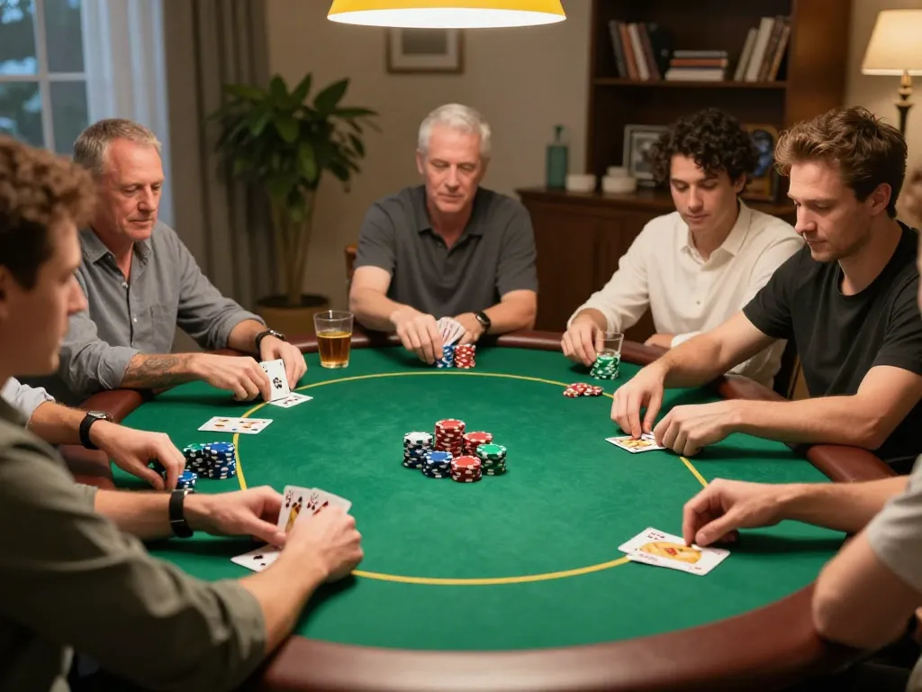 TIGERASIA88 features a lively home poker night, showcasing strategic gameplay with friends and excitement.
