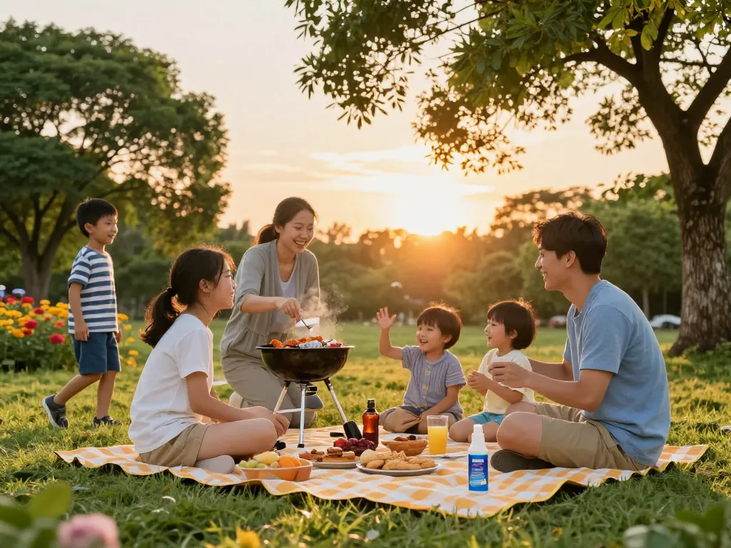 Family gathering outdoors using mosquito repellent while enjoying a sunset picnic.